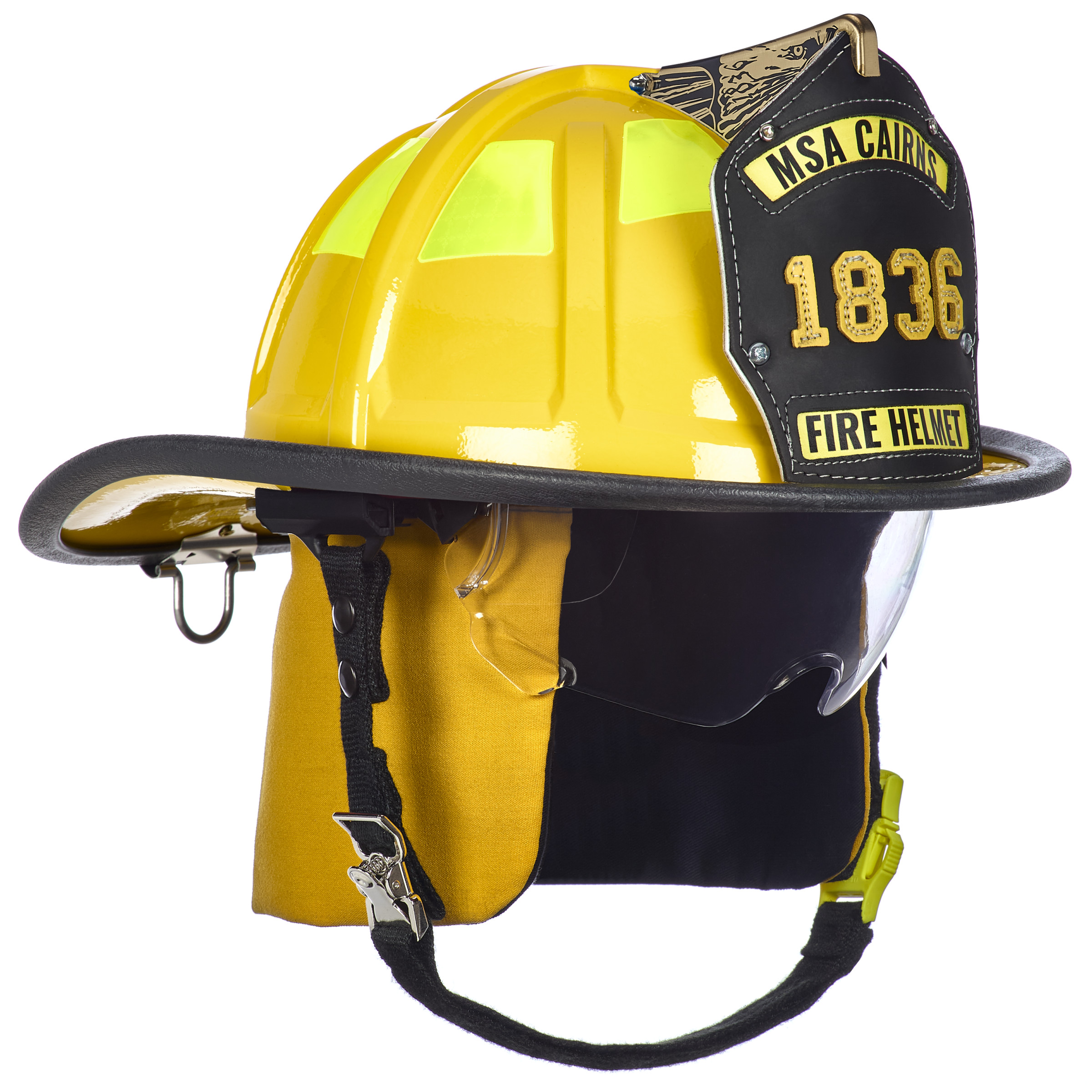 Cairns 1836 Yellow Fire Helmet, with standard liner, clear Defender Visor, Yellow Nomex Earlaps, 6" Silkscreen eagle, Reflexite lime yellow